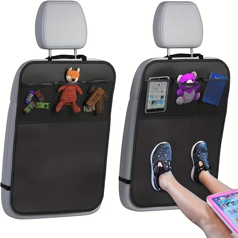 Back-seat kick mat organizer with storage pockets