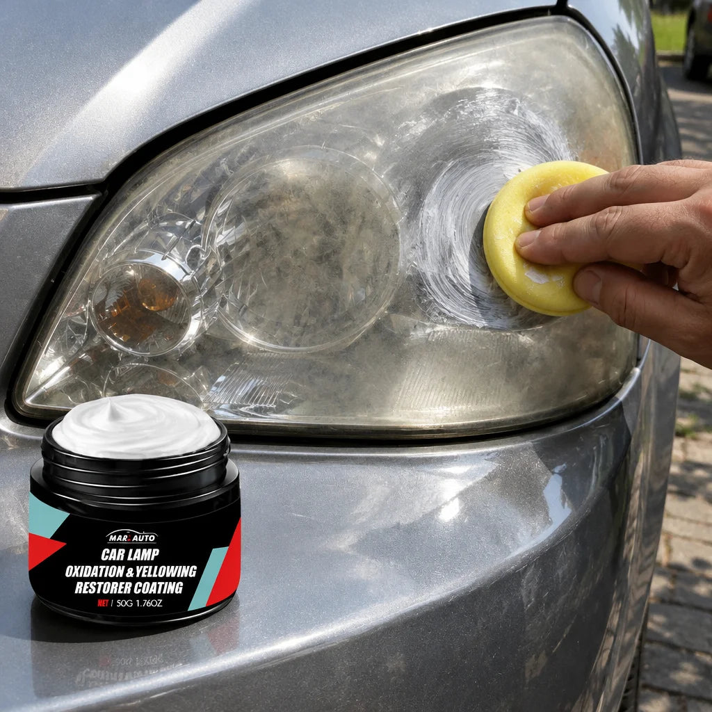 Show this exact headlight care polish beside a vehicle headlight during a real application step. Kee