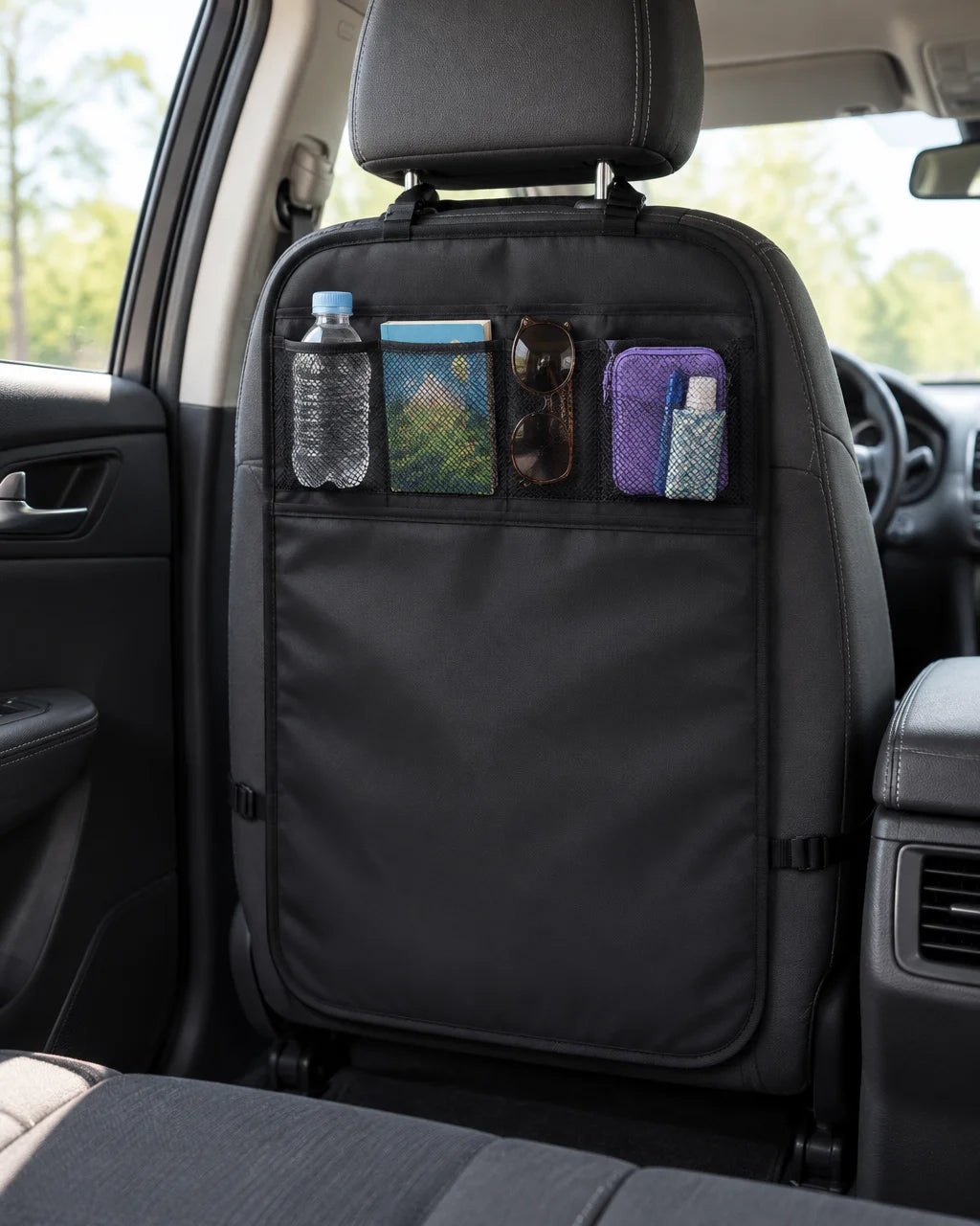 Show this exact back-seat kick mat organizer attached behind a front seat, with its pockets holding