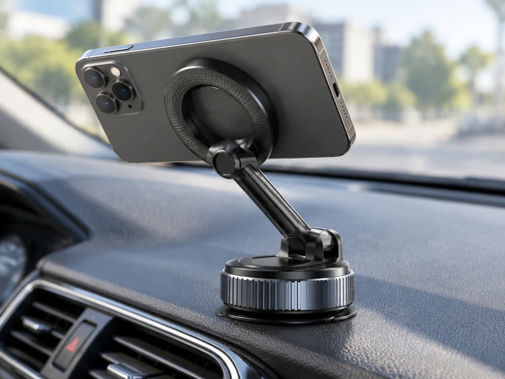 Show a close detail of this exact magnetic car phone holder attached at its mounting surface, with t