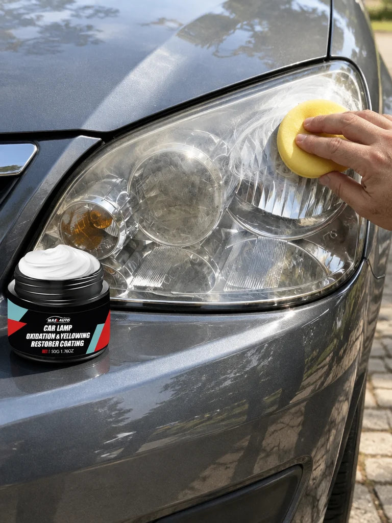 Show this exact headlight care polish being applied to a real vehicle headlight with a polishing pad