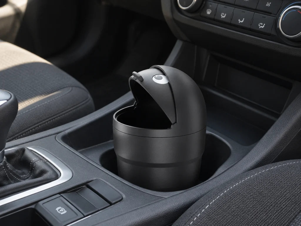 Show a close detail of this exact covered car trash can in a suitable vehicle holder, with realistic