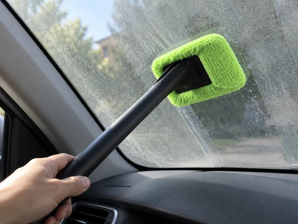 Show a close detail of this exact angled cleaning head and washable cover contacting the inside of a