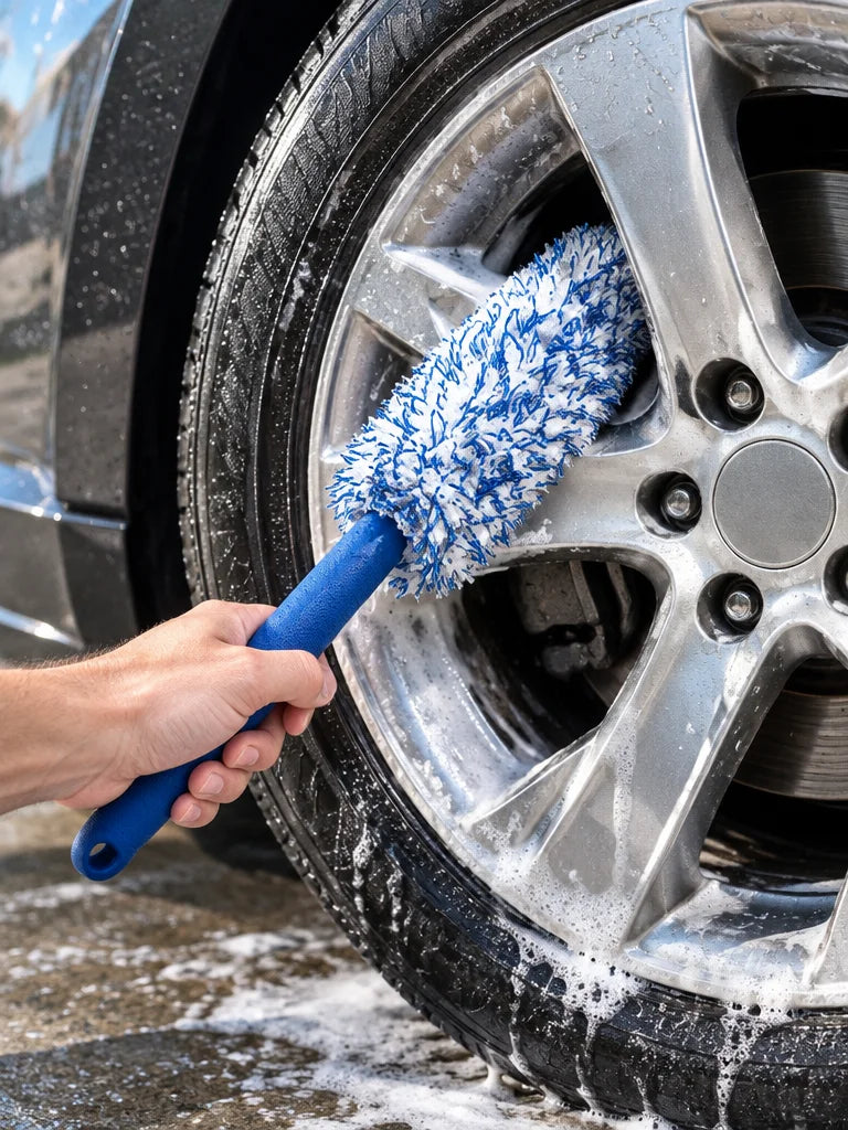 Show this exact soft wheel and rim detailing brush being used on a real vehicle wheel. Make the plus
