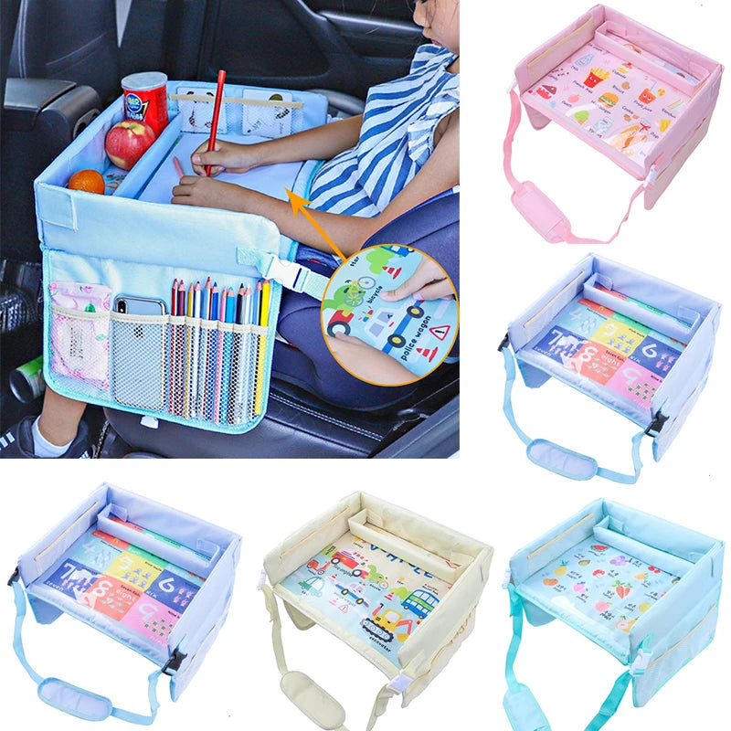Foldable back-seat travel tray with storage compartments