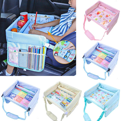 Foldable back-seat travel tray with storage compartments
