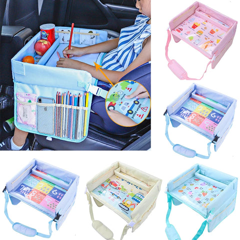 Foldable back-seat travel tray with storage compartments