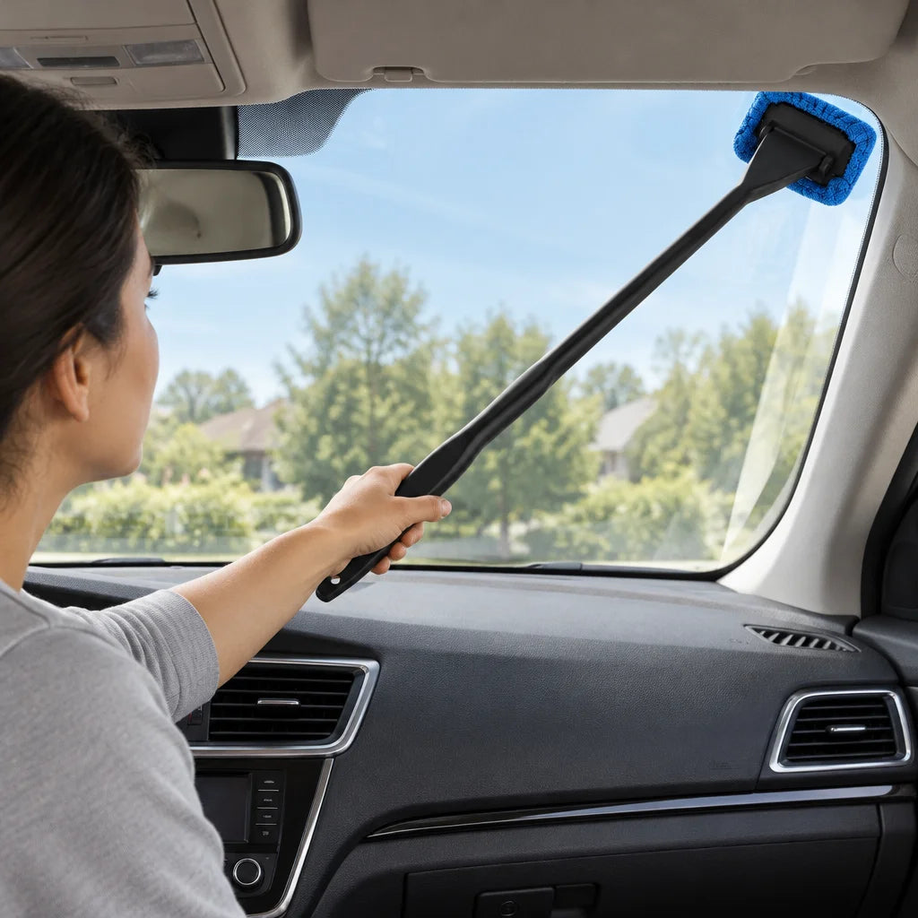 Show this exact interior windshield cleaning tool reaching the far side of a real car windshield fro