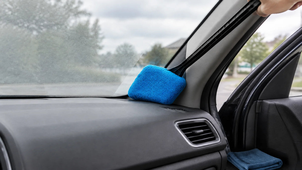 A photograph of the exact long-handled interior windshield cleaning tool from the reference, its bla