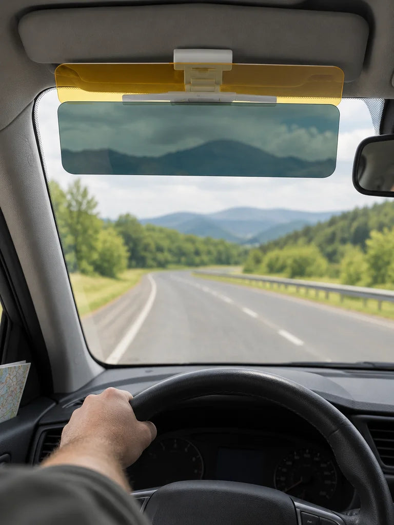 A photograph of the exact three-panel HD anti-glare car visor accessory from the reference clipped t