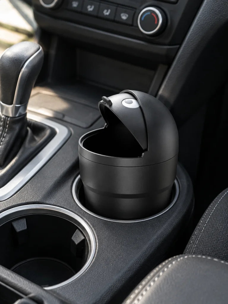 Show this exact compact covered car trash can placed in a suitable cup holder or bottle holder insid
