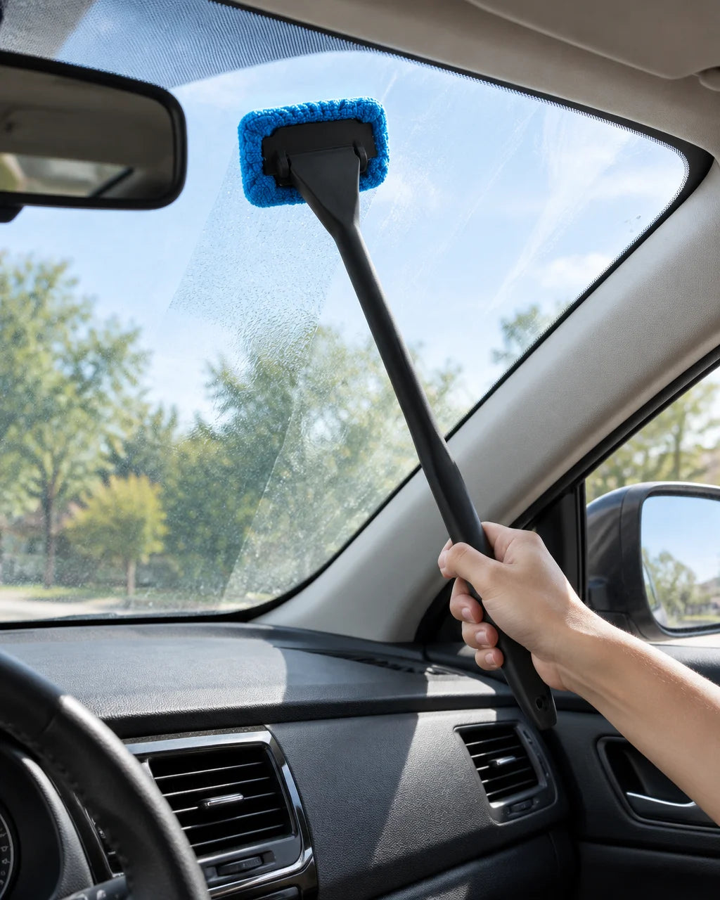 Show this exact long-handled interior windshield cleaning tool being used across the inside of a rea