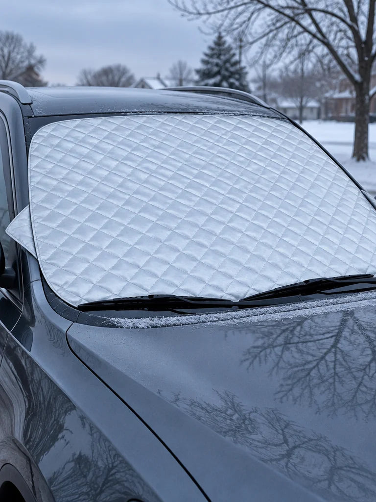 A photograph of the exact pale quilted winter windshield cover from the reference spread across the