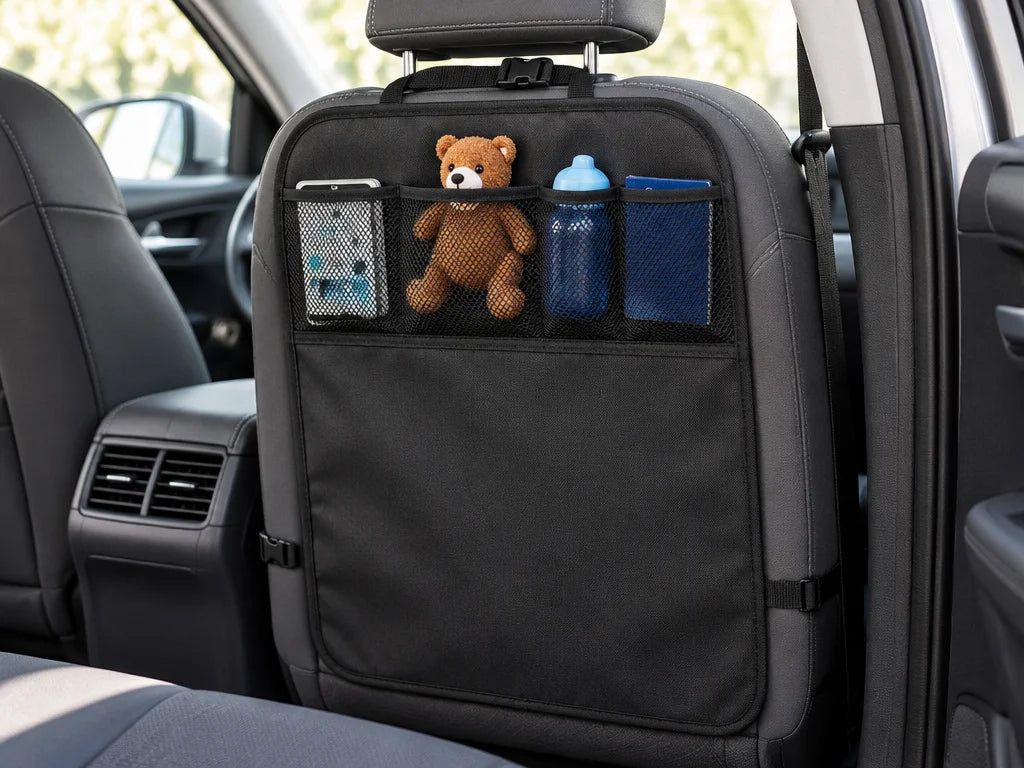 Show a close detail of this exact organizer’s attachment straps, pockets, and kick-mat area on the b