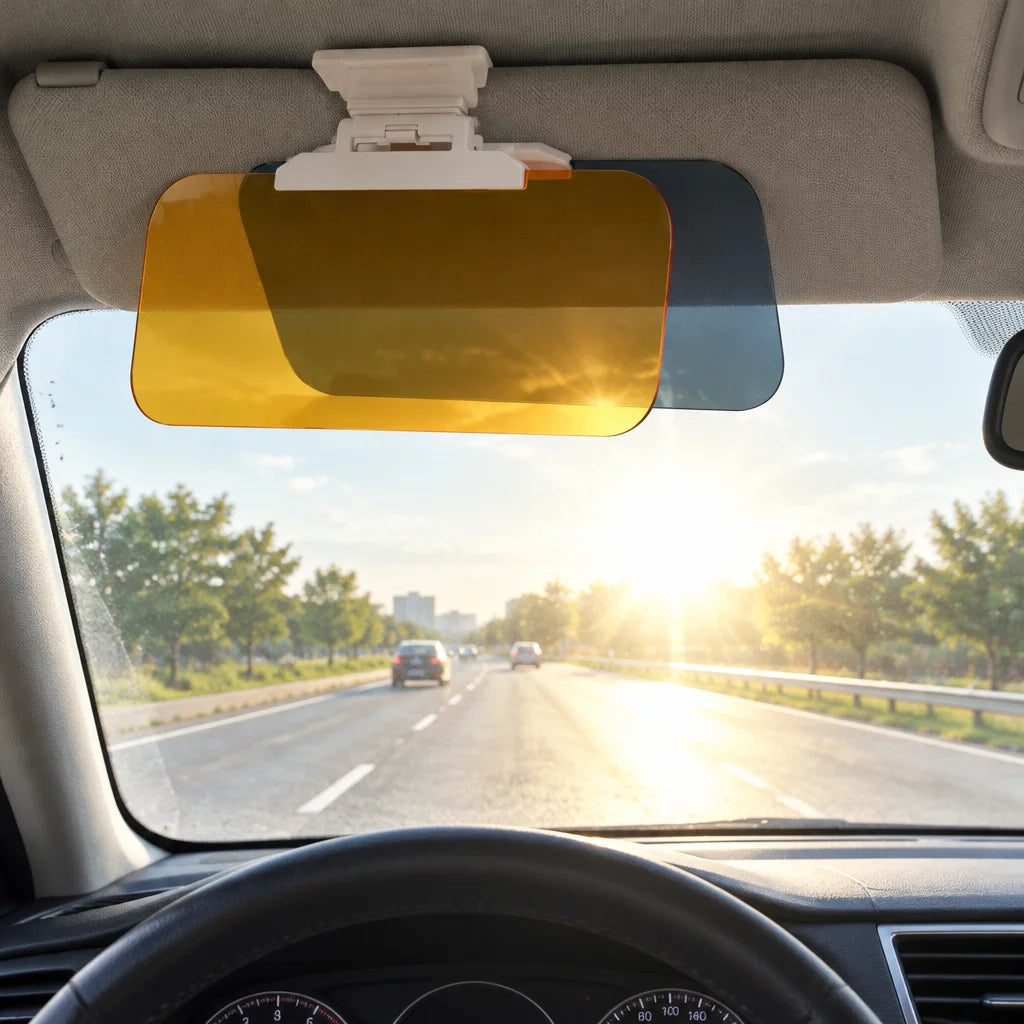 Show this exact anti-glare car sun visor in use from inside a real vehicle, with the visor in the dr