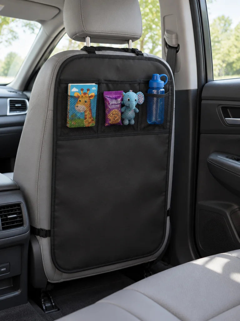 Show this exact back-seat kick mat organizer attached to the back of a front vehicle seat, with its