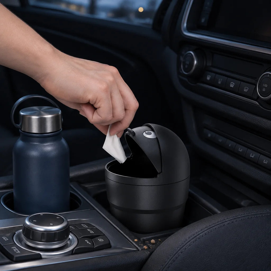 A photograph of the exact compact black car trash can from the reference, its domed pivot lid open i