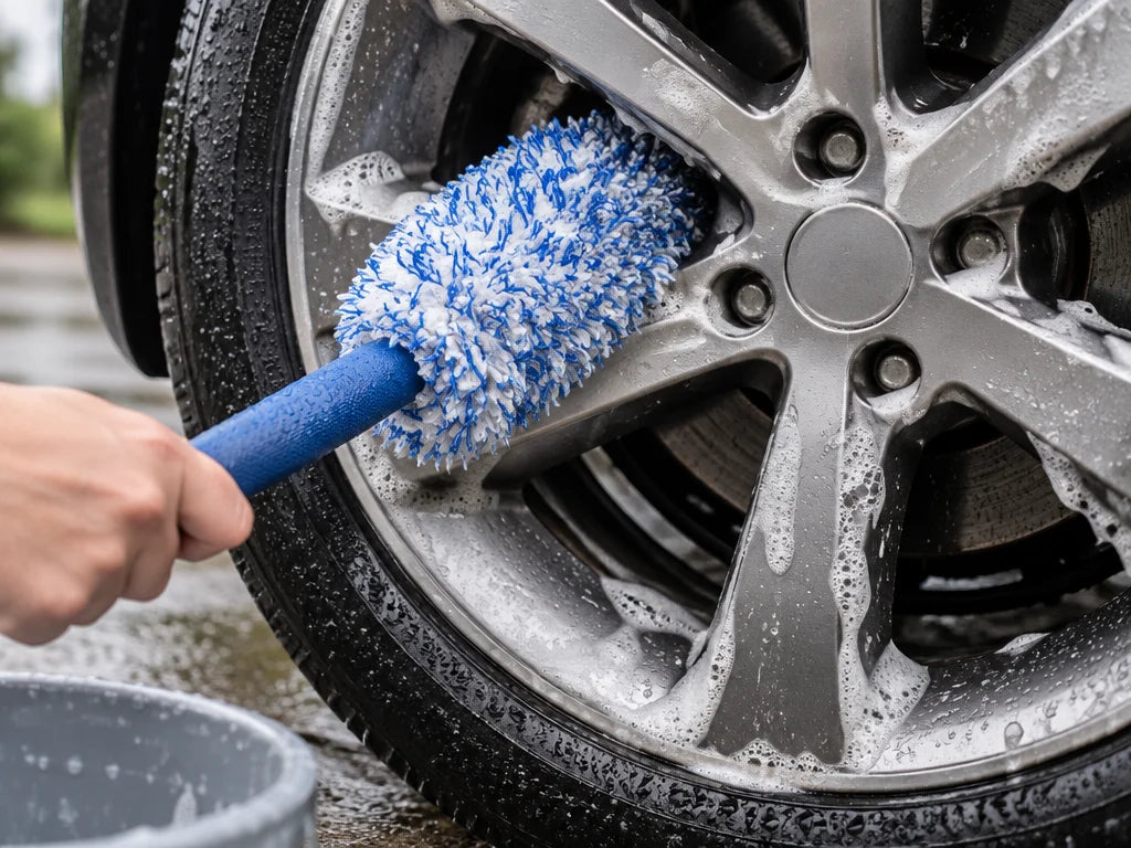 A photograph of the exact soft plush wheel-and-rim detailing brush from the reference, its blue hand