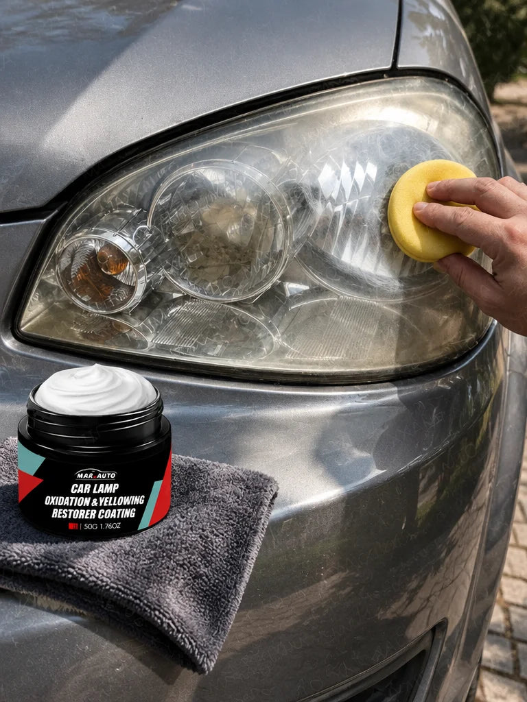 Show this exact headlight care polish being applied to a real vehicle headlight with a polishing pad