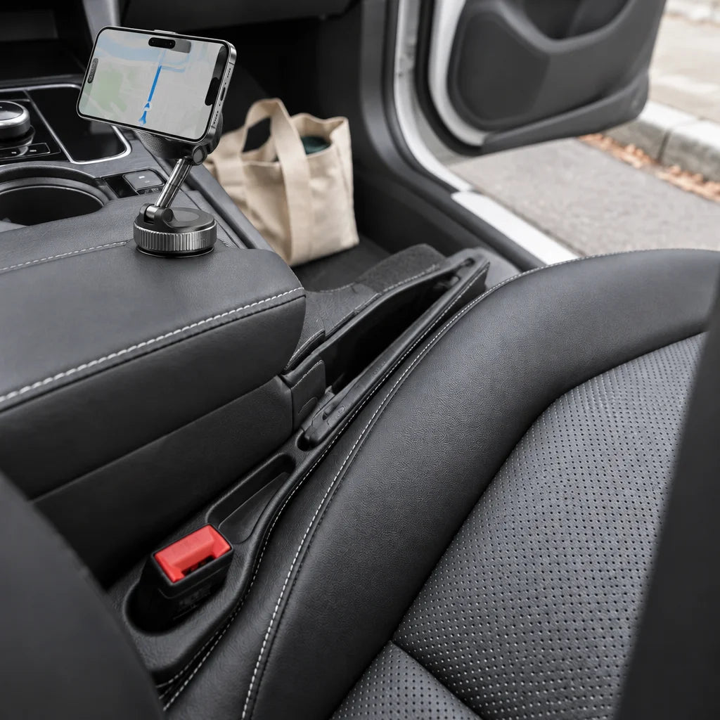 Show this exact magnetic car phone holder in a real vehicle with the phone rotated to landscape orie