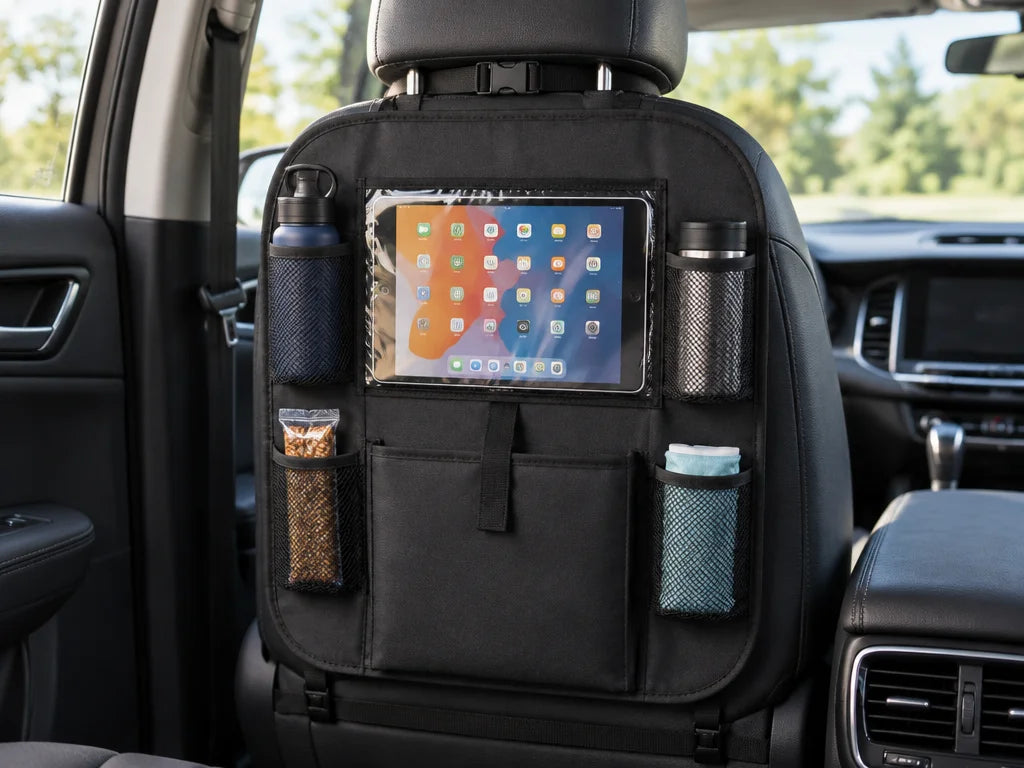 Show a close detail of this exact organizer’s transparent tablet area, pockets, and seat attachment