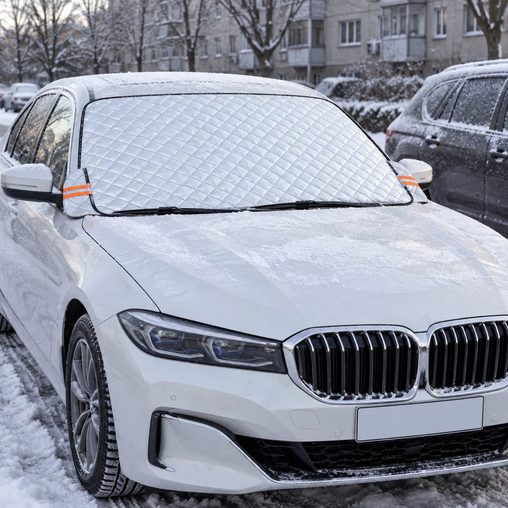 Show this exact winter windshield cover fitted across a real vehicle windshield in a snowy or frosty