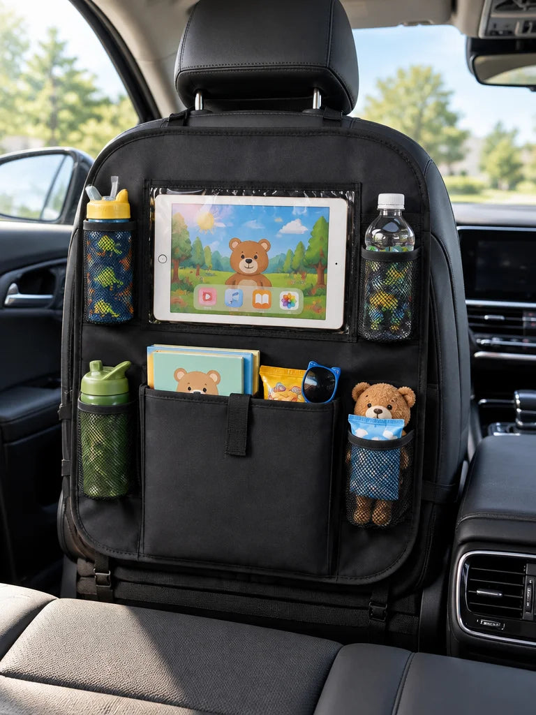 Show this exact back-seat family organizer attached to the back of a front vehicle seat, with its po