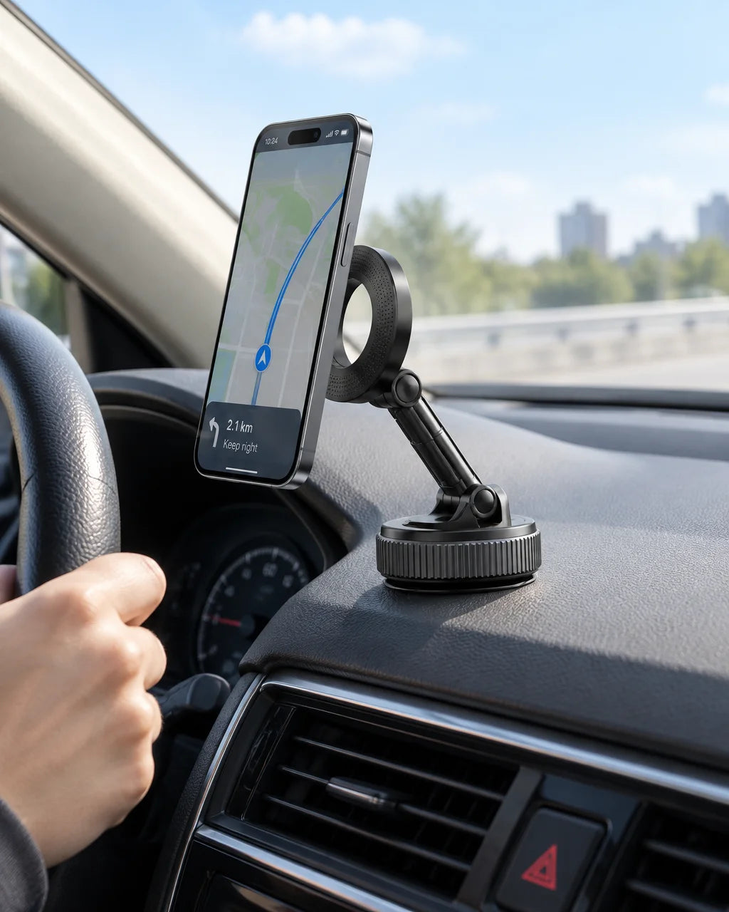 Show this exact magnetic car phone holder installed in a real vehicle with a phone held in portrait