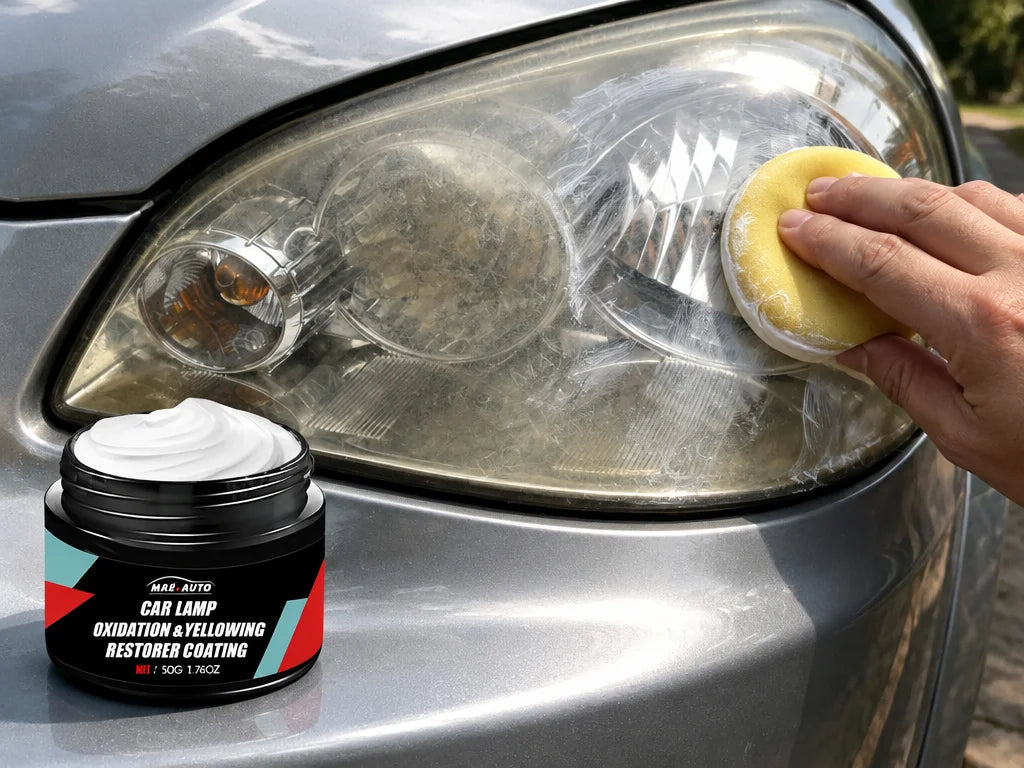 Show a close product-specific detail of the polish container and the vehicle headlight surface durin