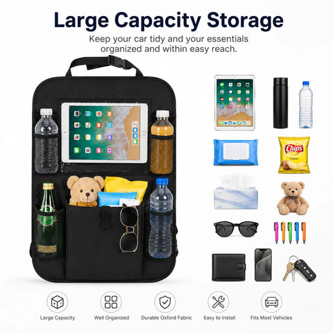 Back-seat family organizer with tablet holder