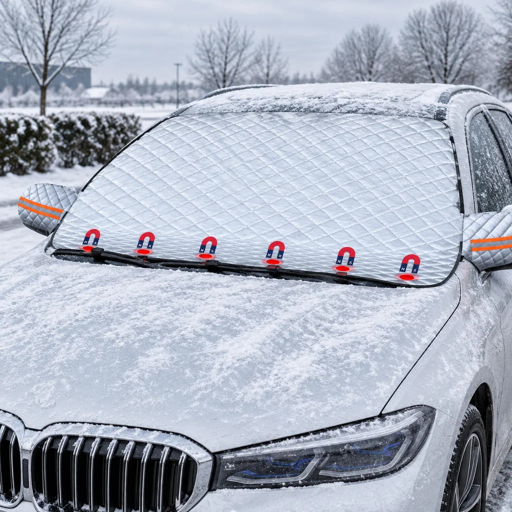 Show this exact winter windshield cover on a vehicle with light frost or snow, including the visible