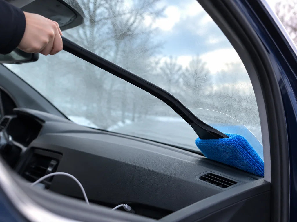 A photograph of the exact long-handled interior windshield cleaning tool from the reference, reachin