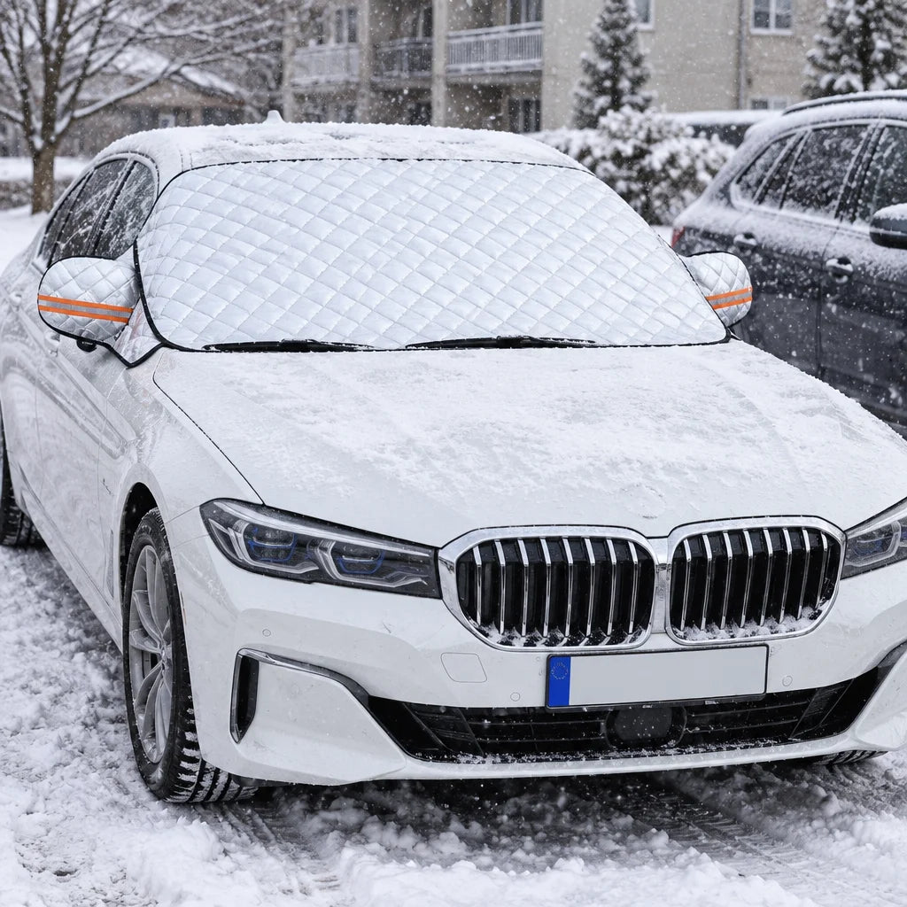 Show this exact winter windshield cover fitted across the windshield of a parked real vehicle in a w