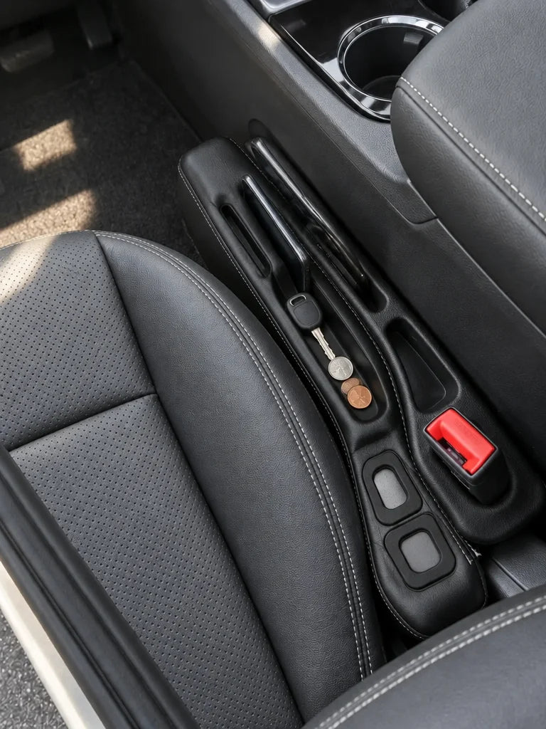 Show this exact seat-gap car organizer installed between the front seat and center console of a real