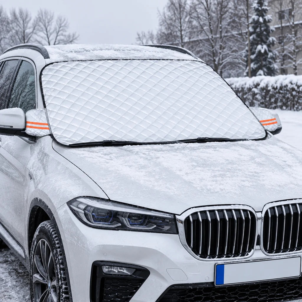 Show this exact winter windshield cover secured near the windshield wipers and hood area of a parked