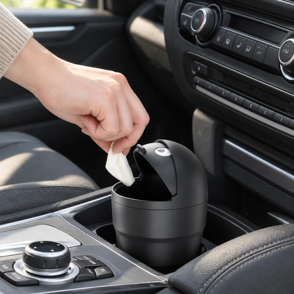 Show this exact compact car trash can being used inside a real vehicle for small everyday waste, wit