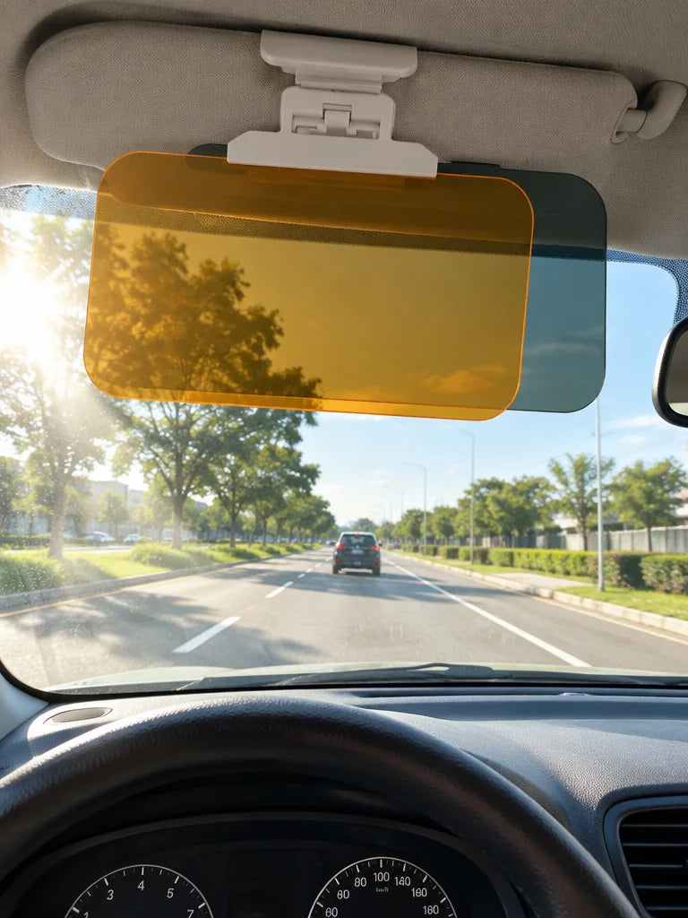 Show this exact anti-glare car sun visor installed on the driver side of a real vehicle, clearly sha