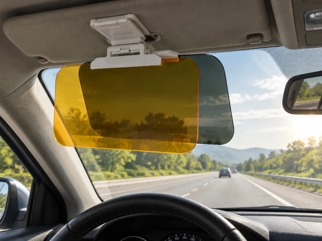 Show a close, realistic detail of this exact anti-glare car sun visor attached in place near the win