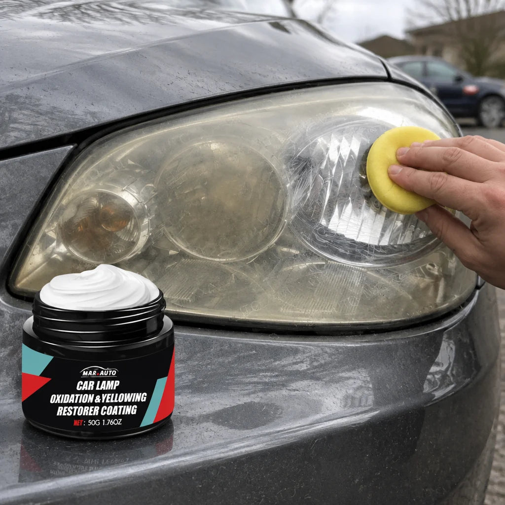 Show this exact headlight care polish in use on one cloudy-looking vehicle headlight, with the produ
