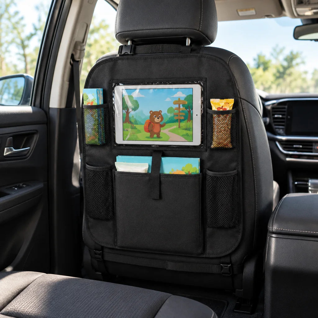 Show this exact back-seat family organizer with a tablet visible in its transparent holder area and