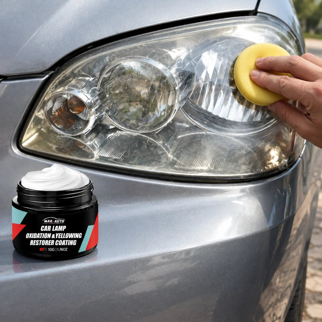 Show this exact headlight care polish beside a real vehicle headlight during an application step, fo