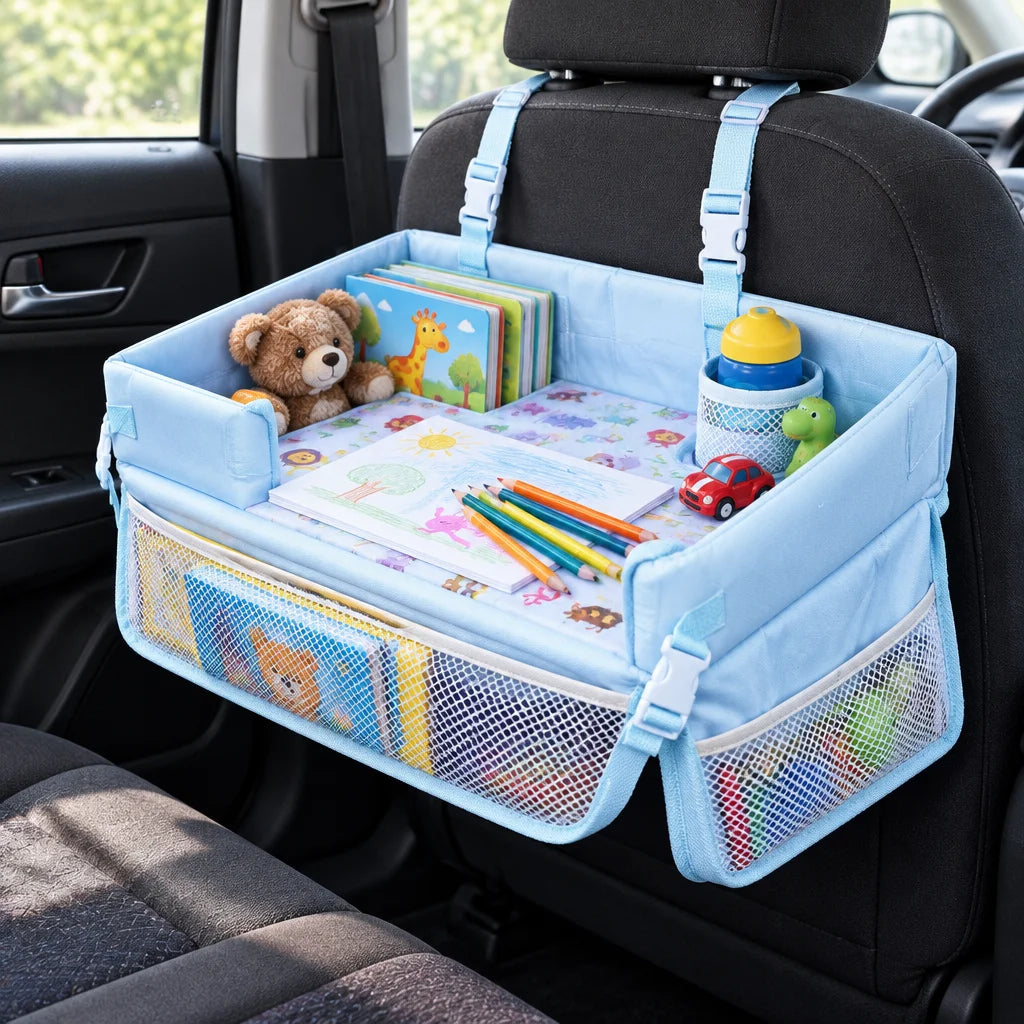 Show this exact foldable kids car travel tray open in a real back seat, with its storage space used