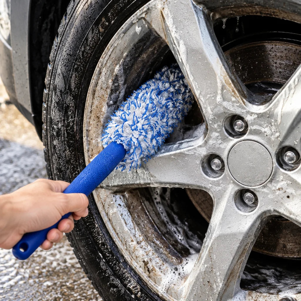 Show this exact wheel and rim brush reaching into the inner rim of a real car wheel. Keep the produc