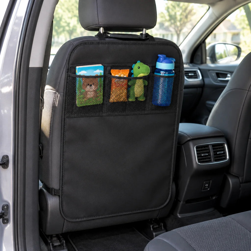 Show this exact back-seat kick mat organizer in a real family vehicle interior, with its adjustable