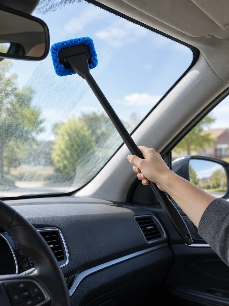 Show this exact long-handled interior windshield cleaning tool being used across the inside of a rea