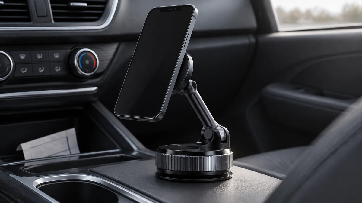 A photograph of the exact black foldable magnetic car phone holder from the reference, with its circ