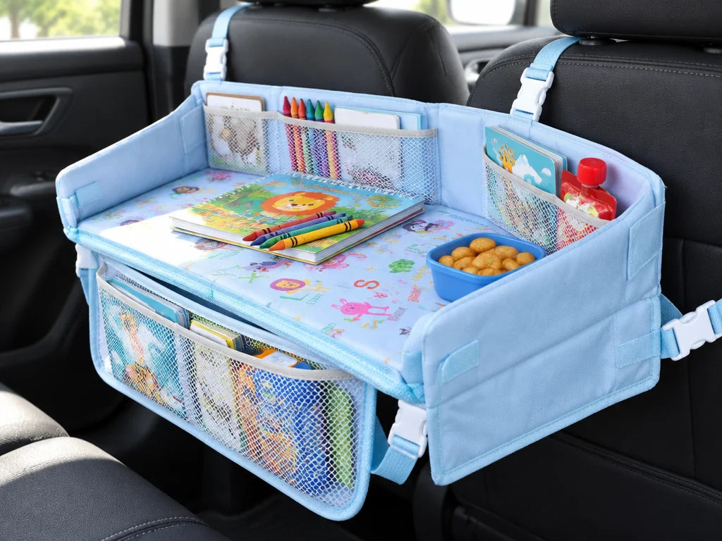 Show a close detail of this exact travel tray’s foldable surface, storage pockets, and rear-seat att