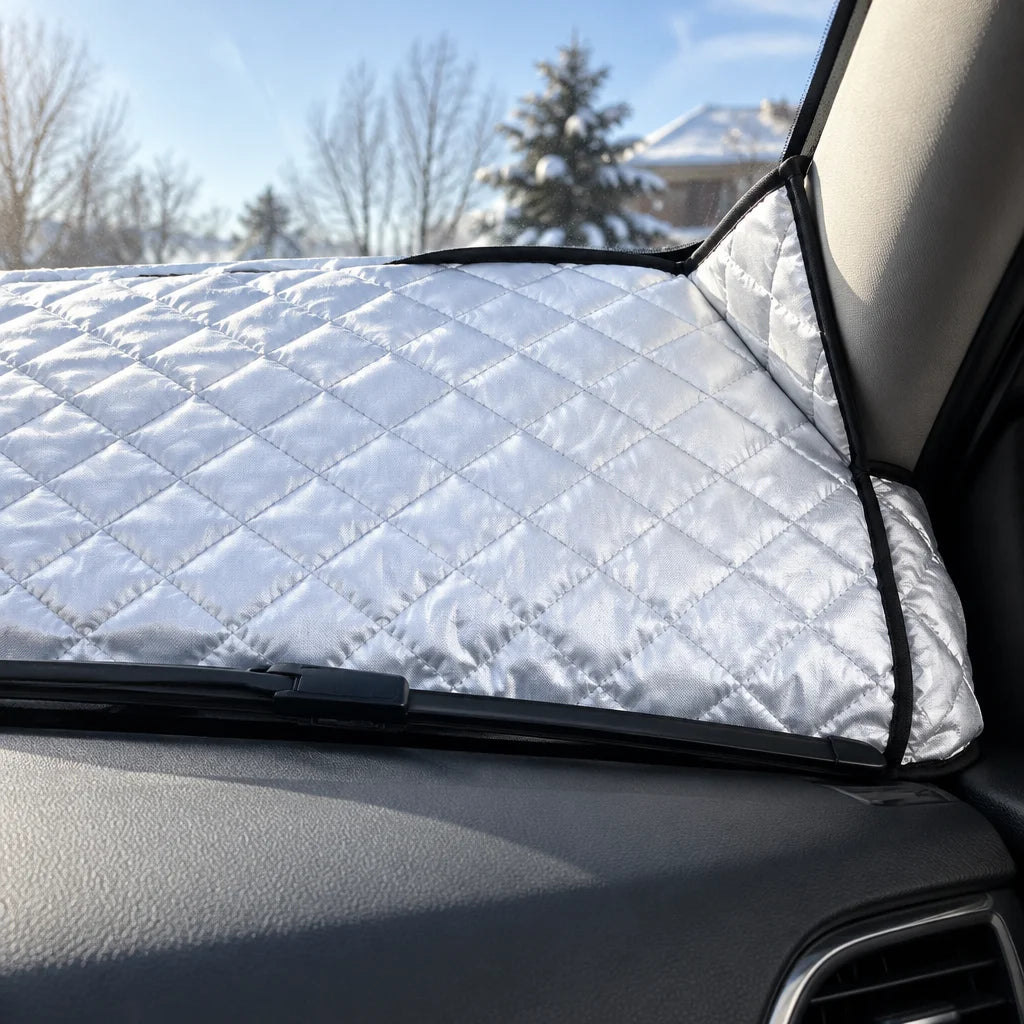Show a close detail of this exact windshield cover fitted at the edge of a real windshield, with rea