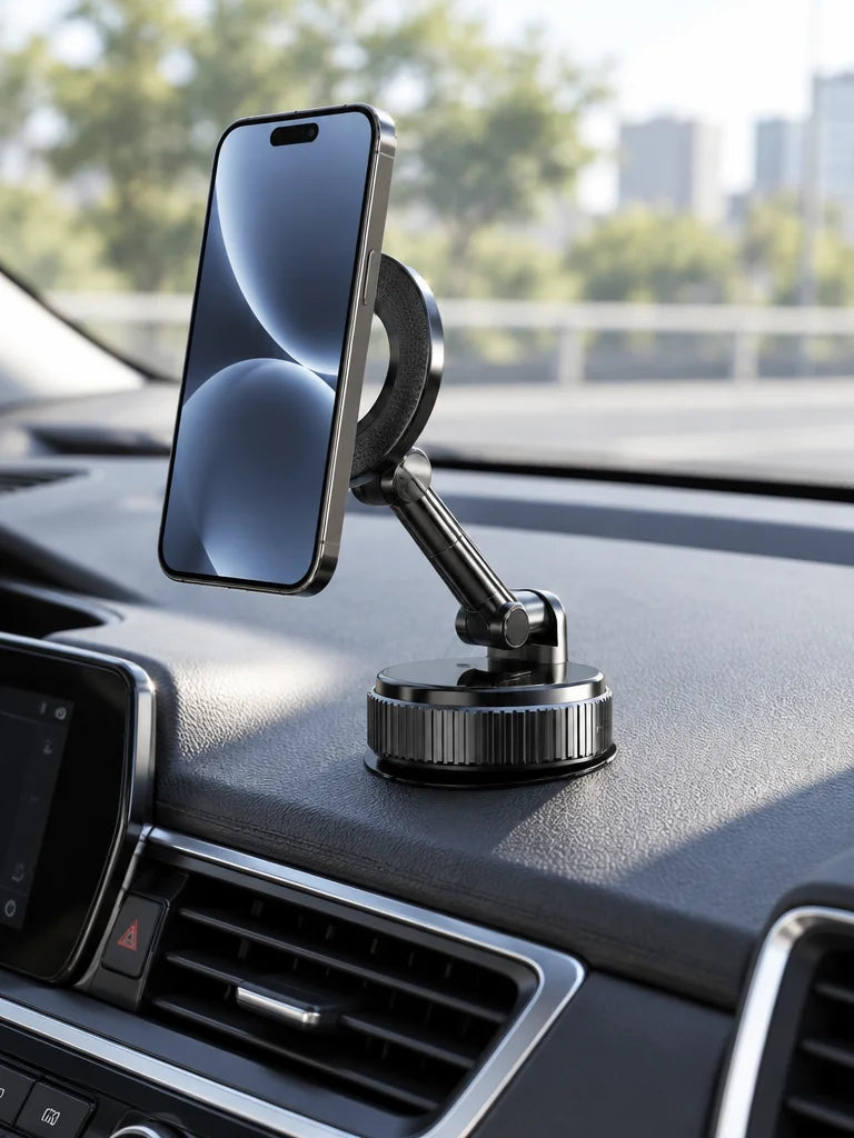 Show this exact magnetic car phone holder mounted in a real vehicle with a phone in portrait orienta