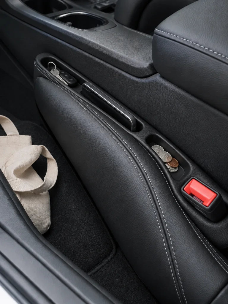 Show this exact seat-gap car organizer fitted between the front seat and center console of a real ve